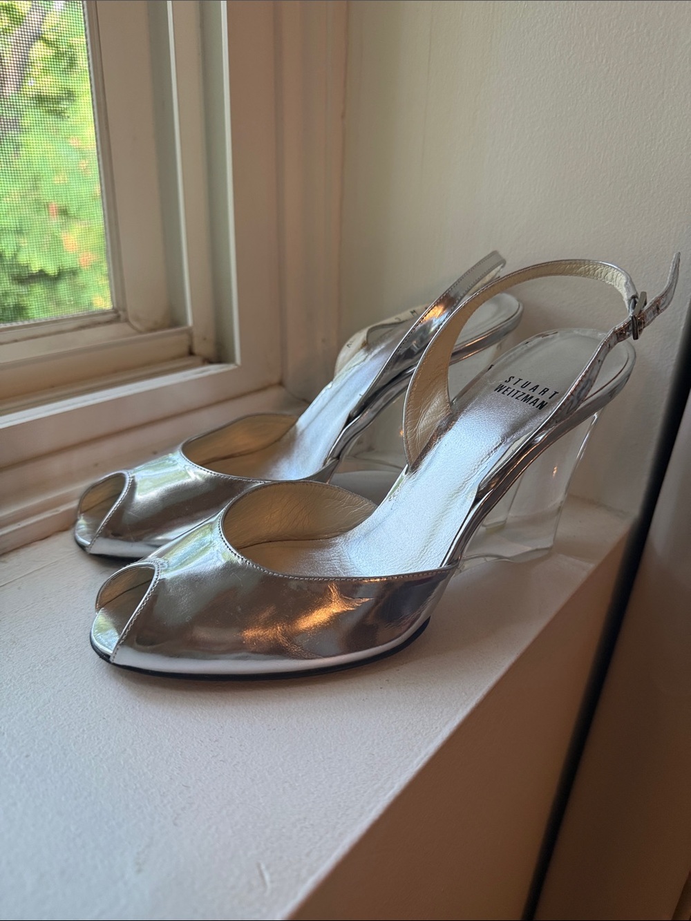 Vintage Stuart Weitzman Metallic Silver Peep-Toe Slingback Heels